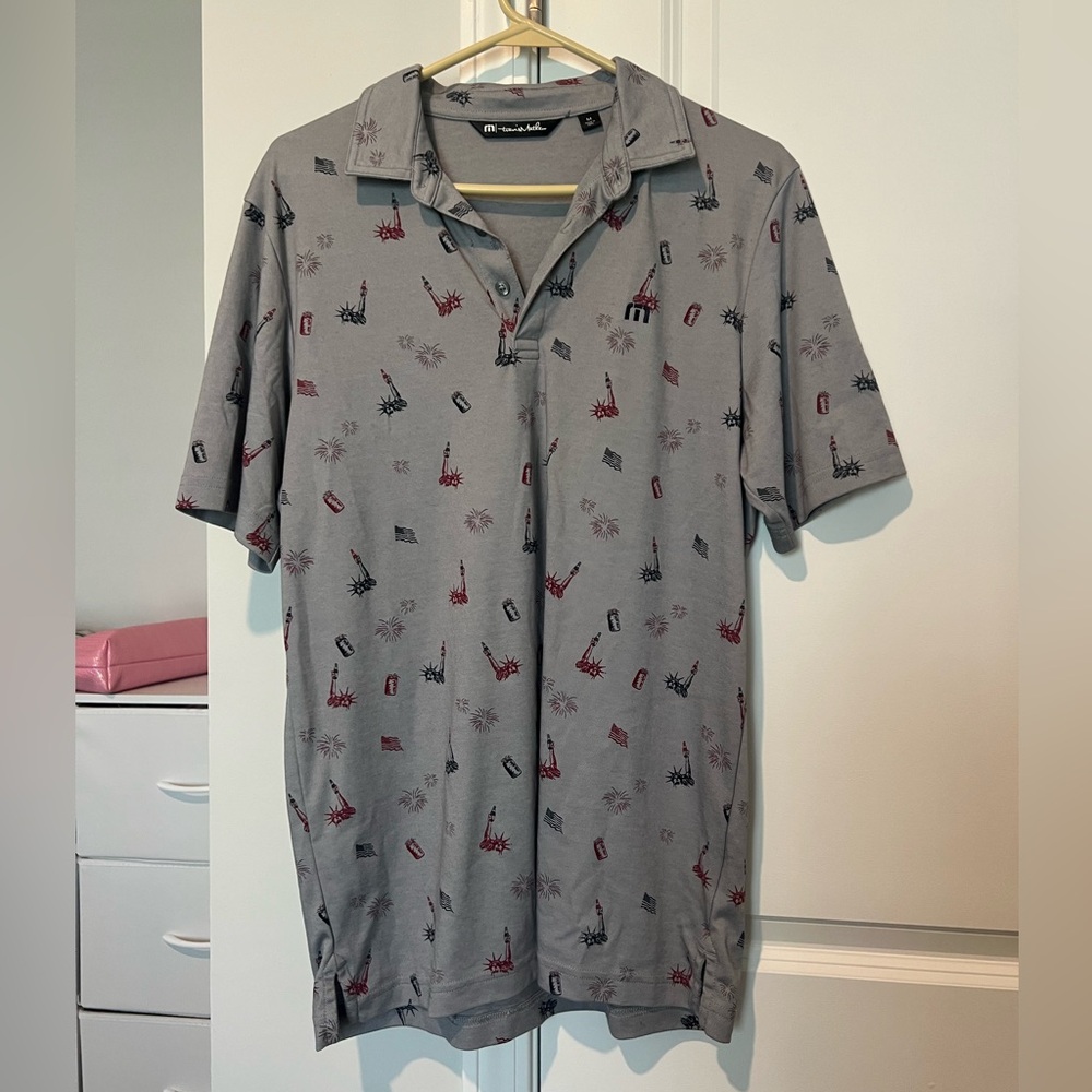 TravisMathew Justice In Beer Polo Mens M Gray Golf Shirt Patriotic Print - Picture 6 of 10